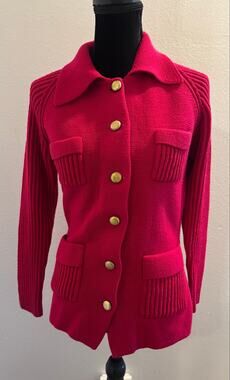 VTG 60s 70s Montgomery Ward Red Knit MOD Cardigan Sweater Button Down Small 34
